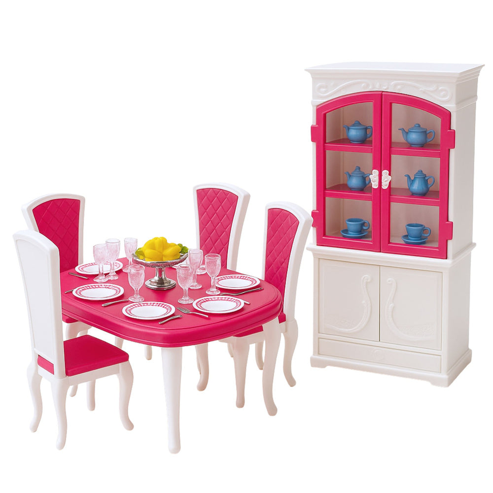Jídelní set pro panenky s nábytkem a nádobím – růžový