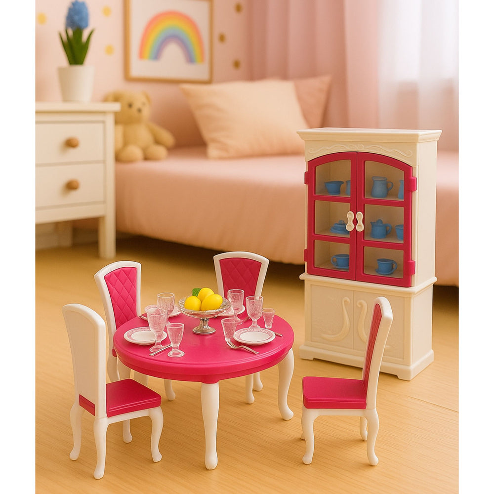 Jídelní set pro panenky s nábytkem a nádobím – růžový