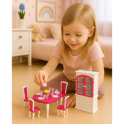 Jídelní set pro panenky s nábytkem a nádobím – růžový