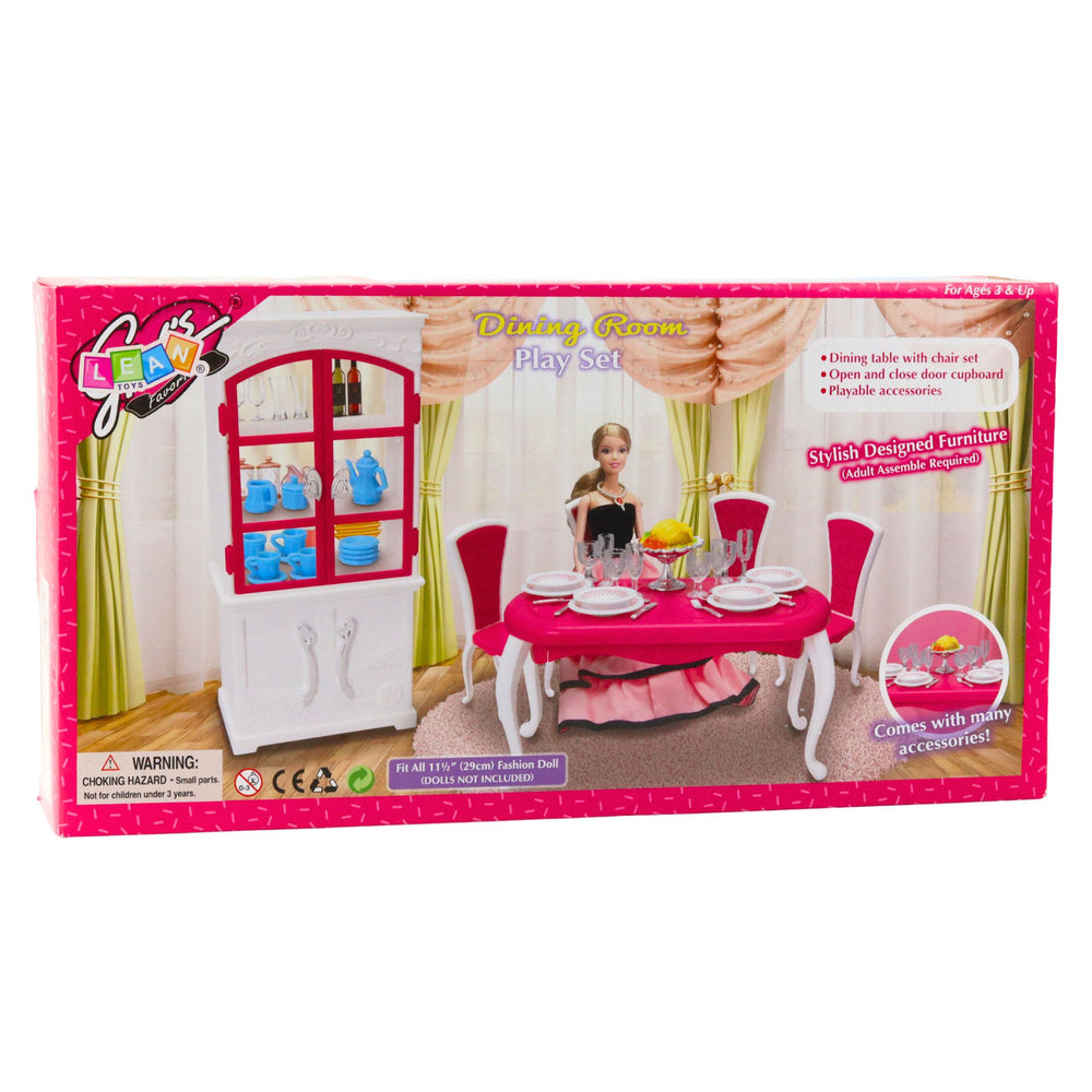 Jídelní set pro panenky s nábytkem a nádobím – růžový