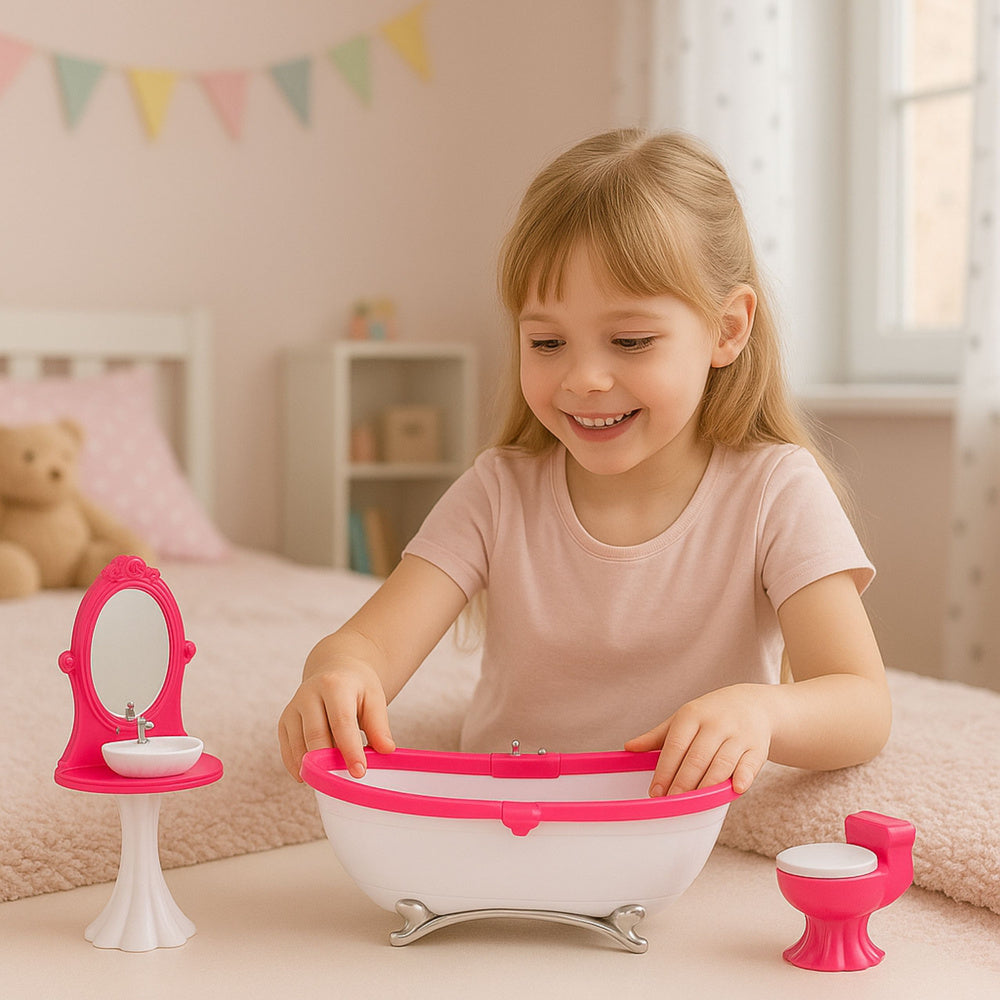 Koupelnový set pro panenky – vana, záchod, umyvadlo se zrcadlem