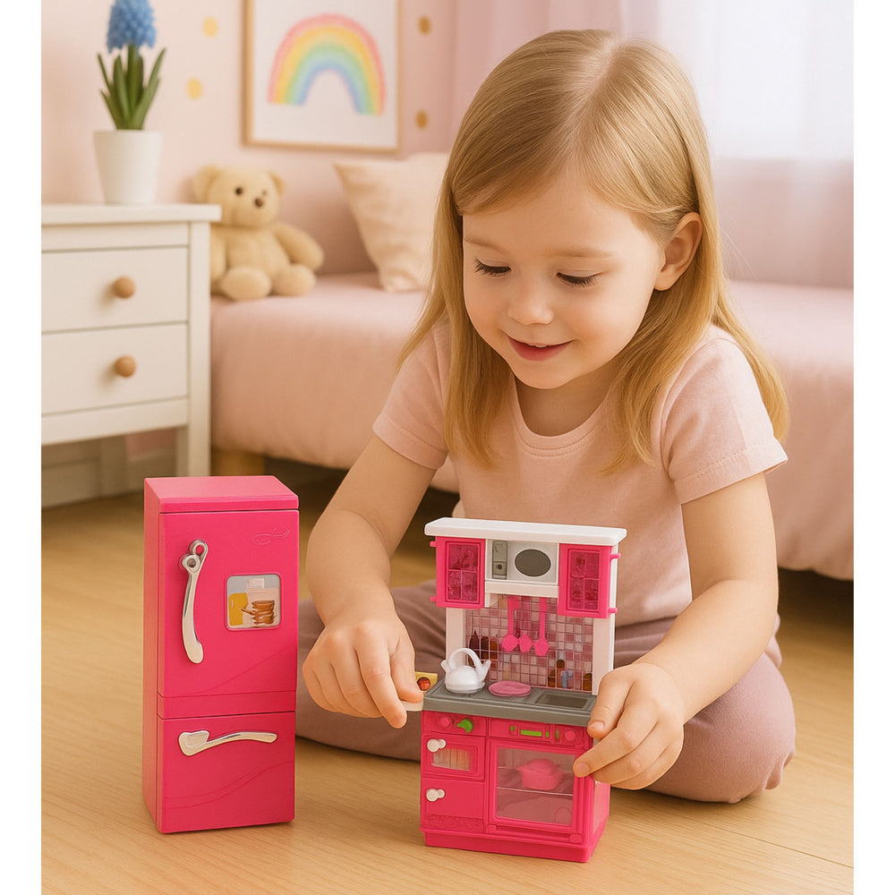 Kuchyňka pro panenky s lednicí a příslušenstvím – růžová