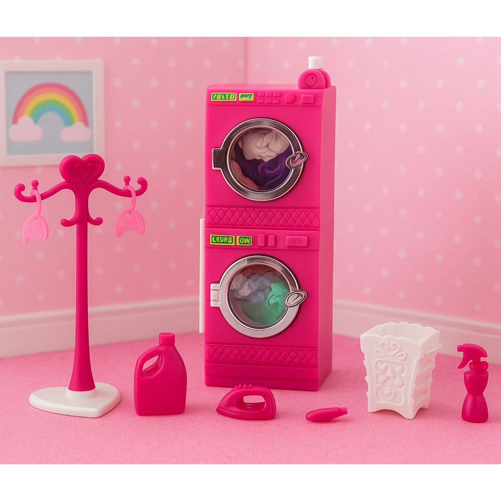 Prádelna pro panenky s pračkou, sušičkou a košem – růžová