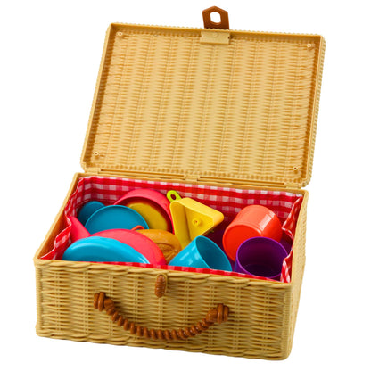 Čajová souprava v košíku s hrnečky, talířky a sladkostmi – 23 dílů