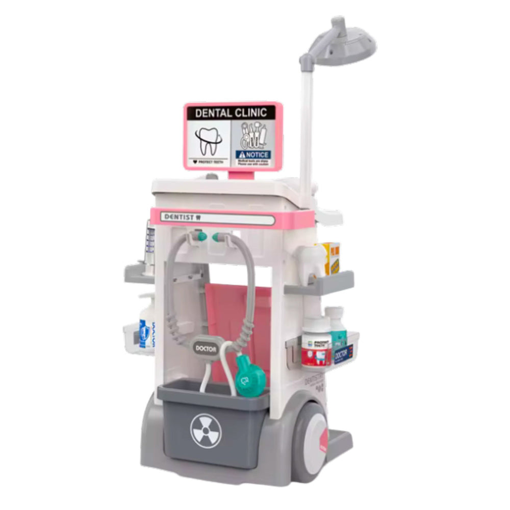 Dětský zubařský set s vozíkem a světlem, 26 dílů – růžový