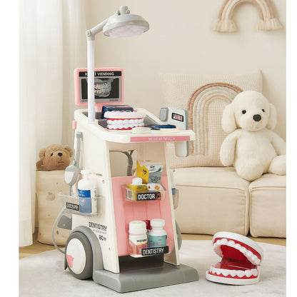Dětský zubařský set s vozíkem a světlem, 26 dílů – růžový