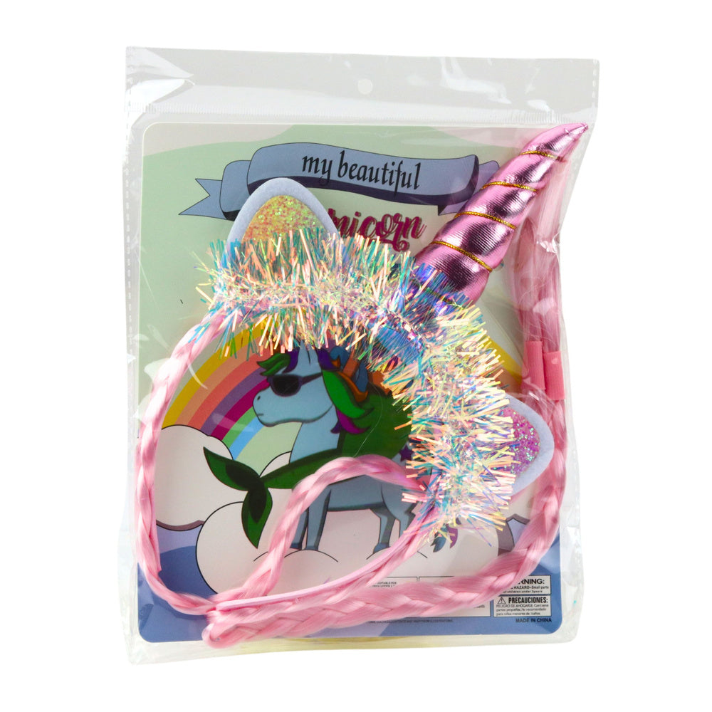 Čelenka jednorožec s rohem a copánky – růžová