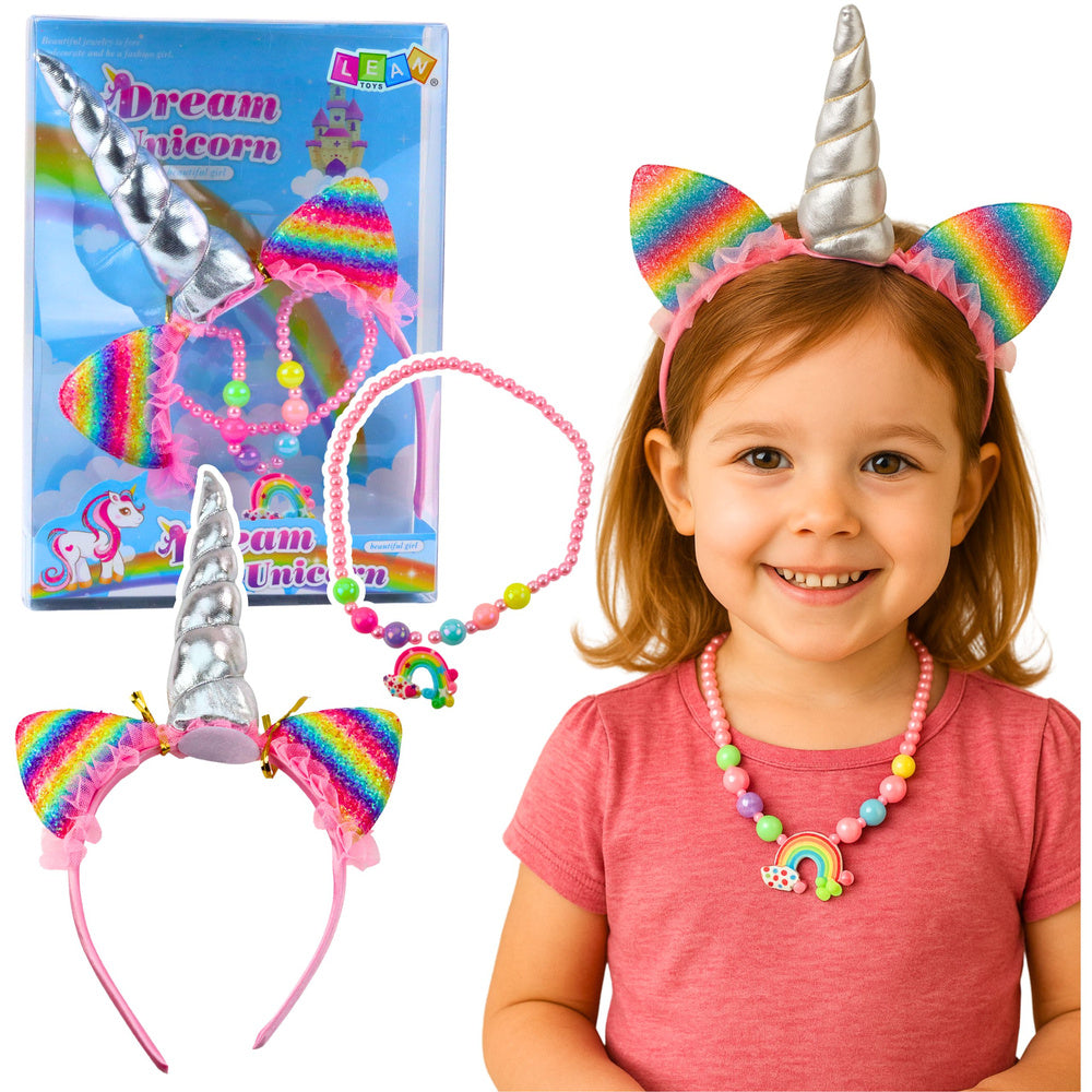 Jednorožcová čelenka s ušima a rohem a náhrdelník – Duhová