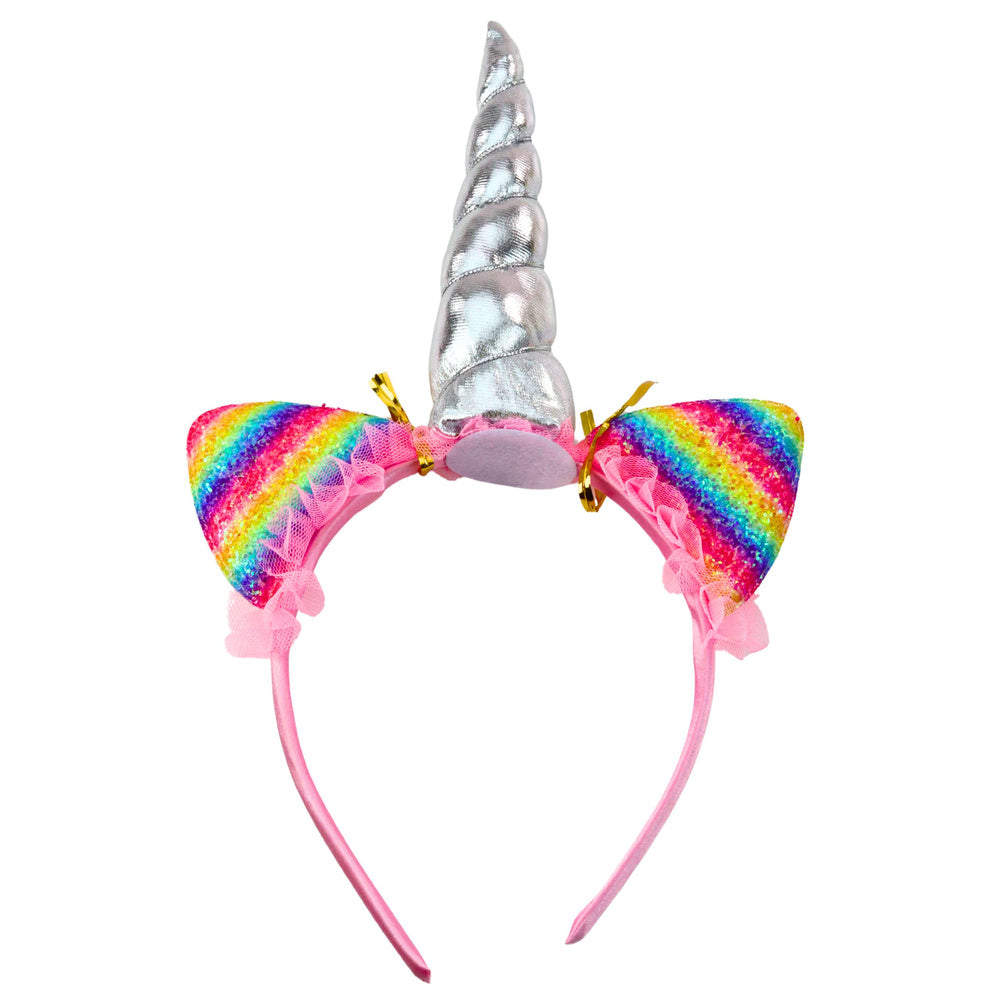 Jednorožcová čelenka s ušima a rohem a náhrdelník – Duhová
