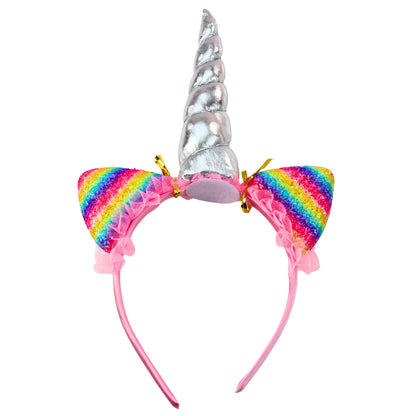 Jednorožcová čelenka s ušima a rohem a náhrdelník – Duhová