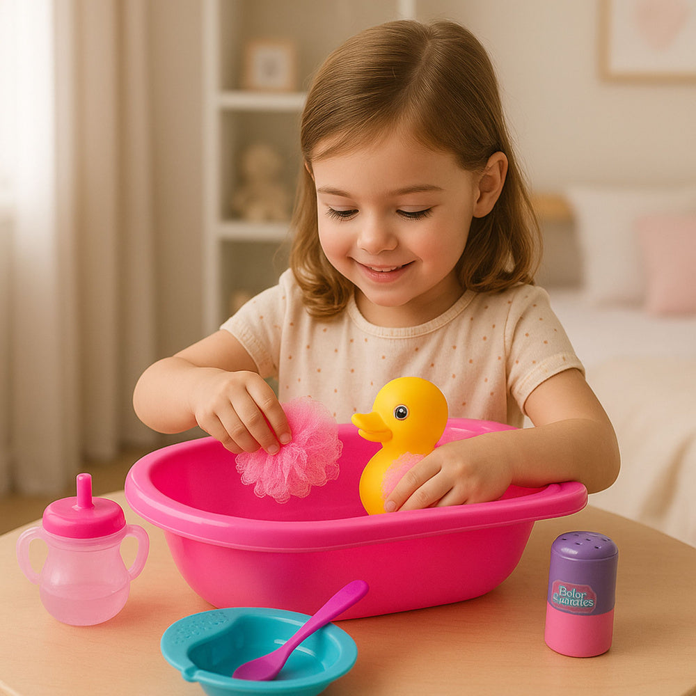 Koupelový set pro panenky s vaničkou a příslušenstvím – růžový