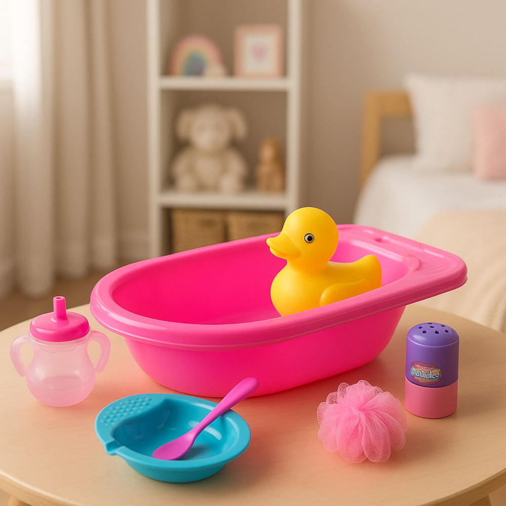 Koupelový set pro panenky s vaničkou a příslušenstvím – růžový