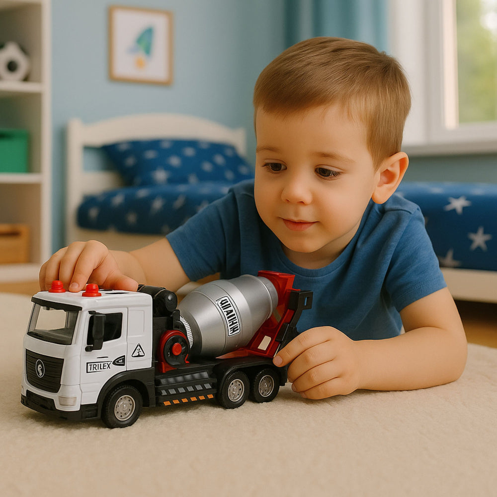 Domíchávač betonu s kovovou kabinou, světly a zvuky