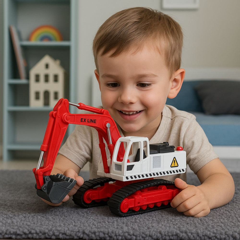 Pásový bagr s kovovou lžící, otočnou kabinou a efekty