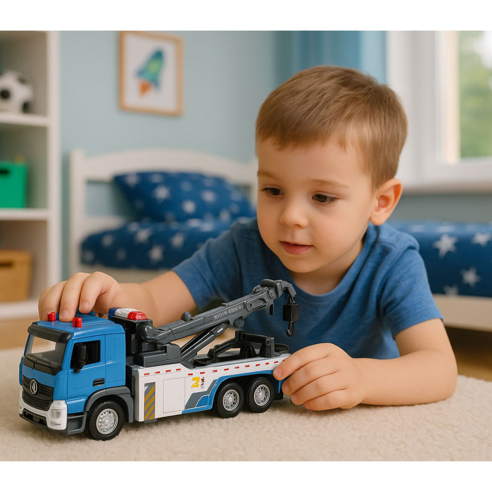 Odtahové auto s ramenem, kovovým kabinou, světly a zvuky