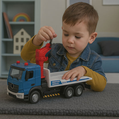 Odtahové auto s pohyblivým jeřábem, světly a zvuky – kovová kabina