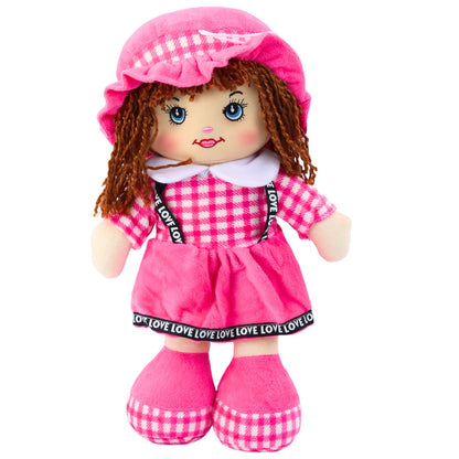 Hadrová panenka v růžových šatech s károvaným vzorem 35 cm