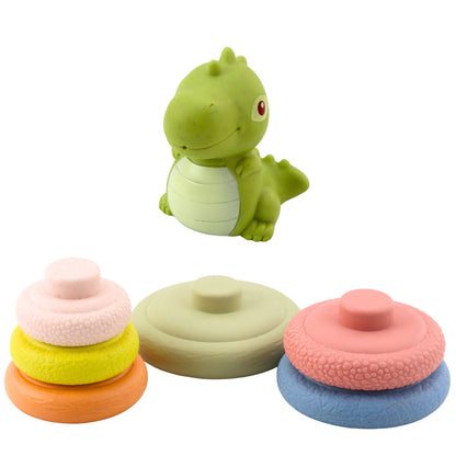 Senzorická pyramida s dinosaurem – měkká gumová hračka pro děti od 6 měsíců