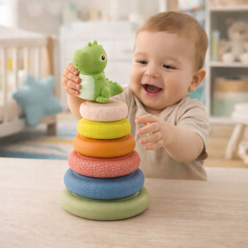 Senzorická pyramida s dinosaurem – měkká gumová hračka pro děti od 6 měsíců