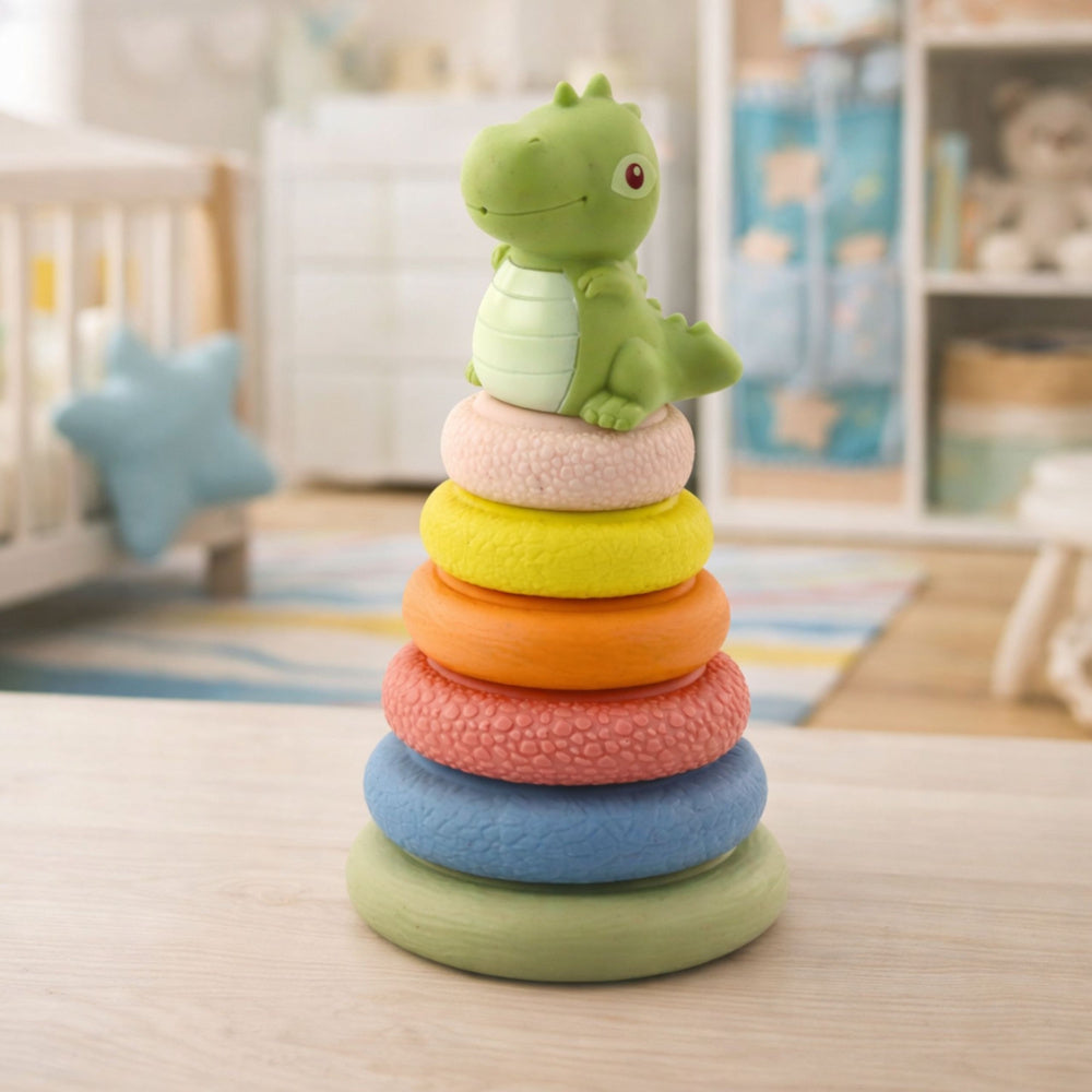 Senzorická pyramida s dinosaurem – měkká gumová hračka pro děti od 6 měsíců