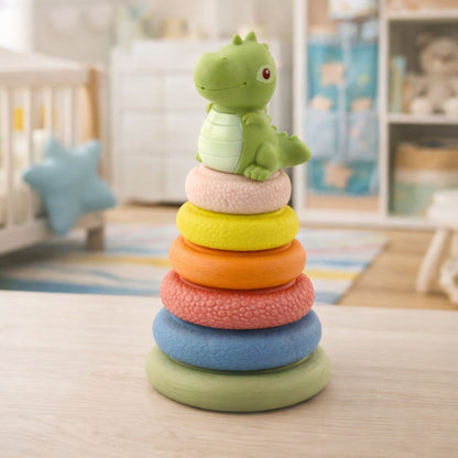 Senzorická pyramida s dinosaurem – měkká gumová hračka pro děti od 6 měsíců