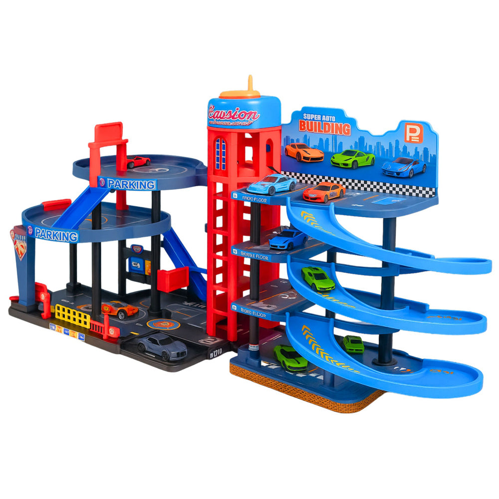 Čtyřpatrová garáž s auty – 8 kovových vozidel a příslušenství