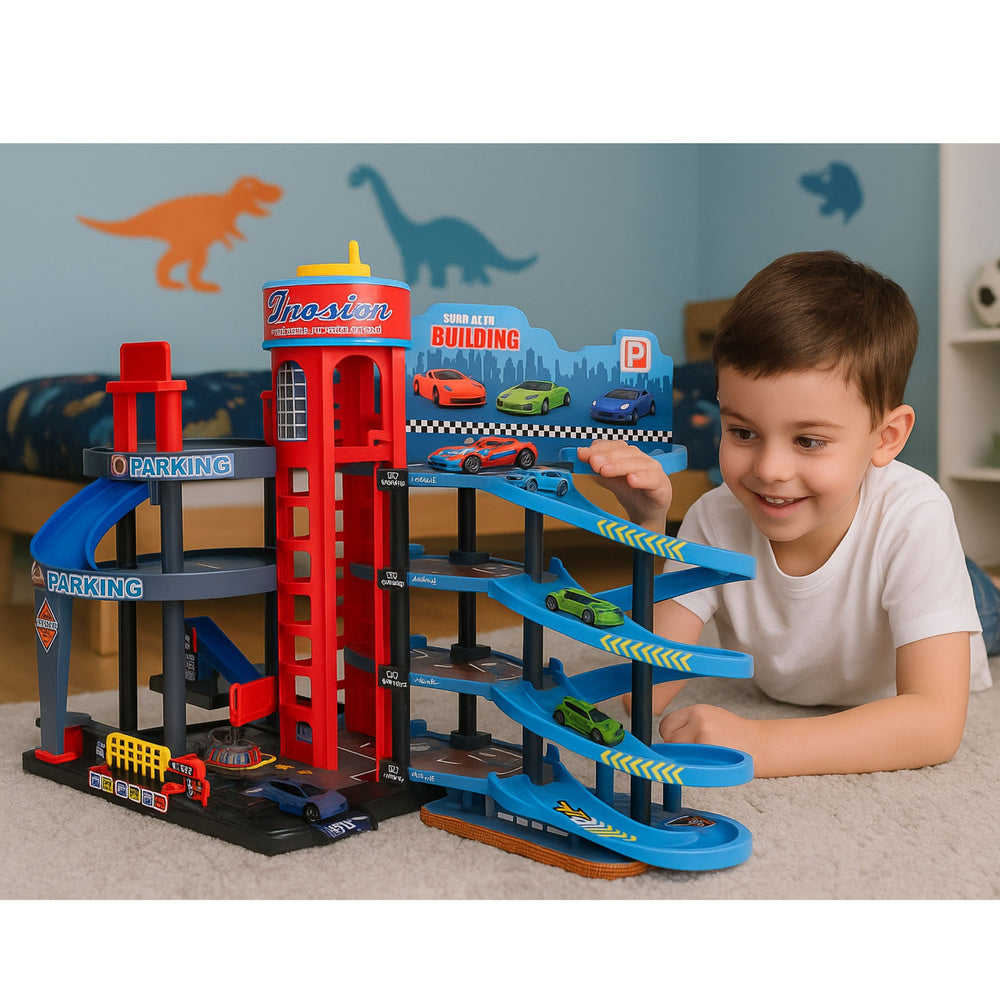 Čtyřpatrová garáž s auty – 8 kovových vozidel a příslušenství