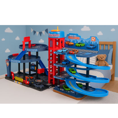 Čtyřpatrová garáž s auty – 8 kovových vozidel a příslušenství