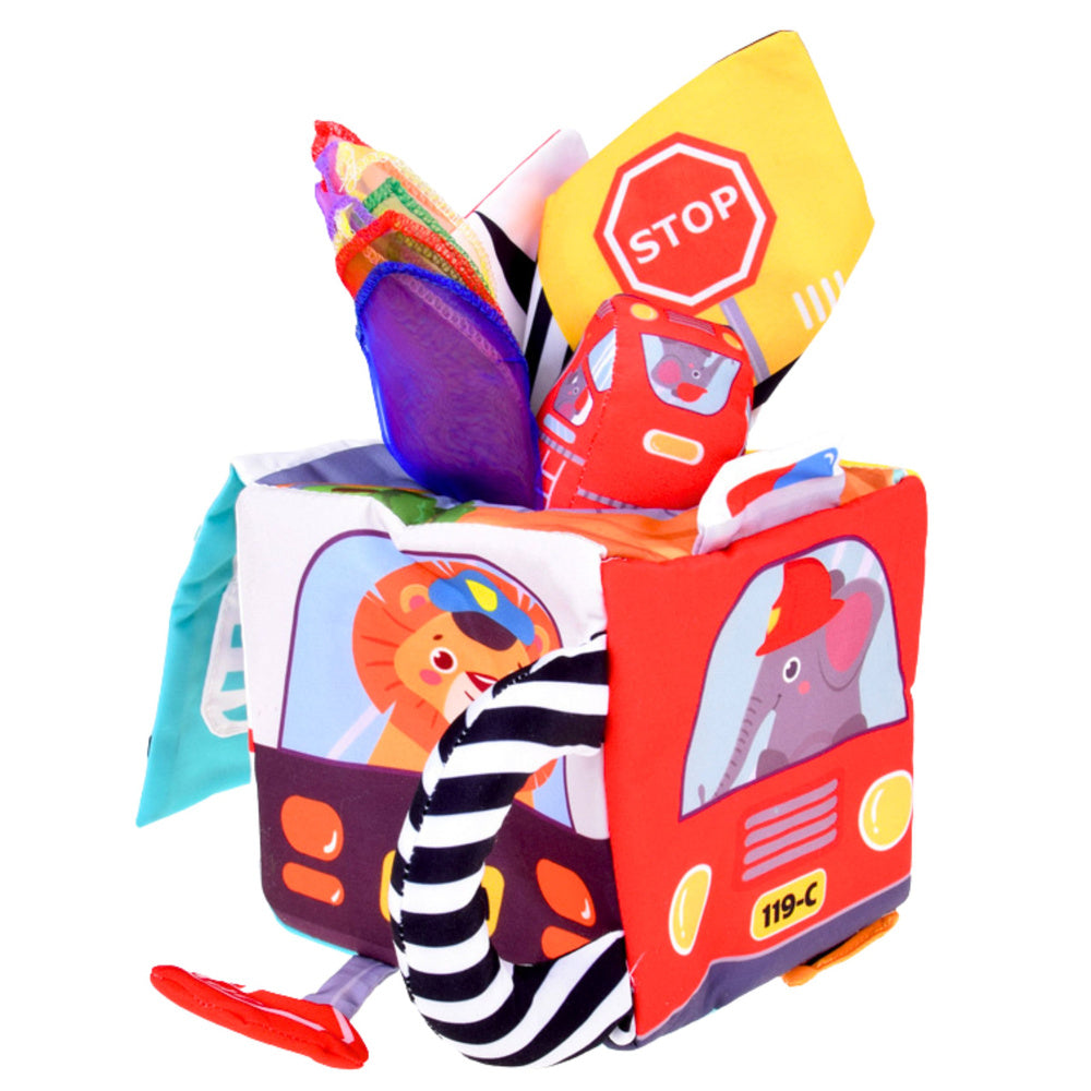 Měkká senzorická kostka se zrcadlem, autíčky a dopravními značkami – pro miminka od 6 měsíců