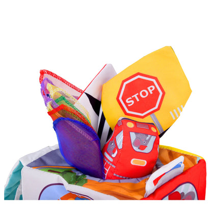 Měkká senzorická kostka se zrcadlem, autíčky a dopravními značkami – pro miminka od 6 měsíců