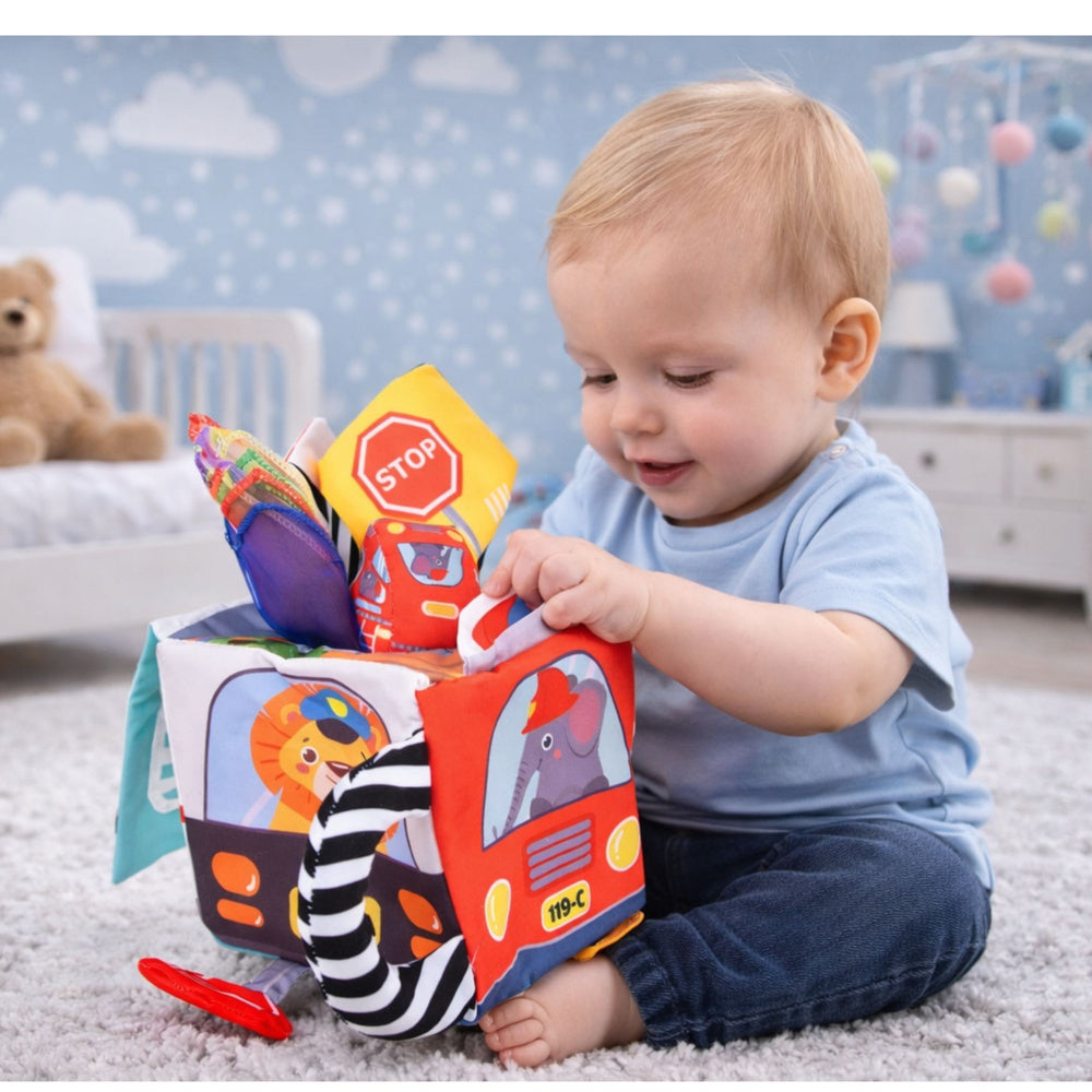 Měkká senzorická kostka se zrcadlem, autíčky a dopravními značkami – pro miminka od 6 měsíců