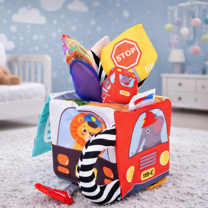 Měkká senzorická kostka se zrcadlem, autíčky a dopravními značkami – pro miminka od 6 měsíců