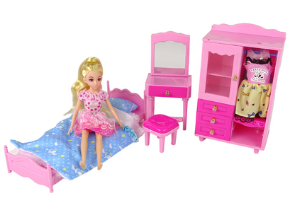 Doll + Furniture Set Bed Wardrobe Dressing table