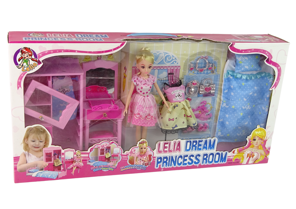 Doll + Furniture Set Bed Wardrobe Dressing table