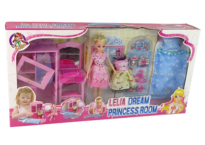 Doll + Furniture Set Bed Wardrobe Dressing table