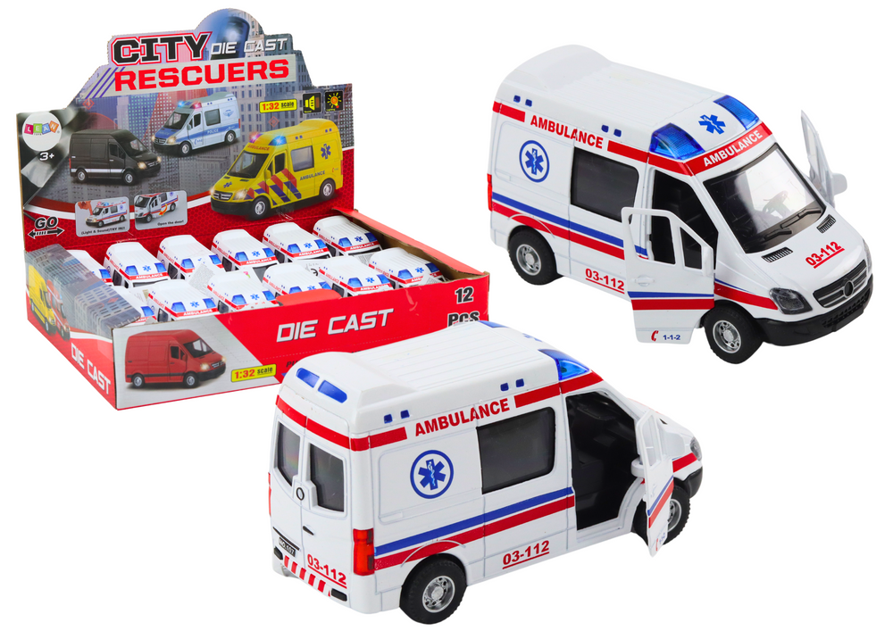 Ambulance karetka 1:32 otvírací dveře světla zvuky napęd bílá