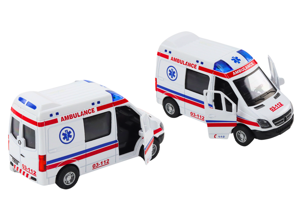 Ambulance karetka 1:32 otvírací dveře světla zvuky napęd bílá