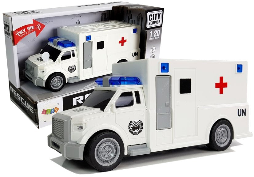Ambulance s frikčním pohonem a zvuky 1:20 bílá