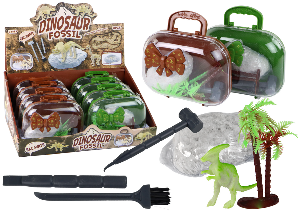 Archeologická sada s dinosaury – nástroje a fosilie v kufříku