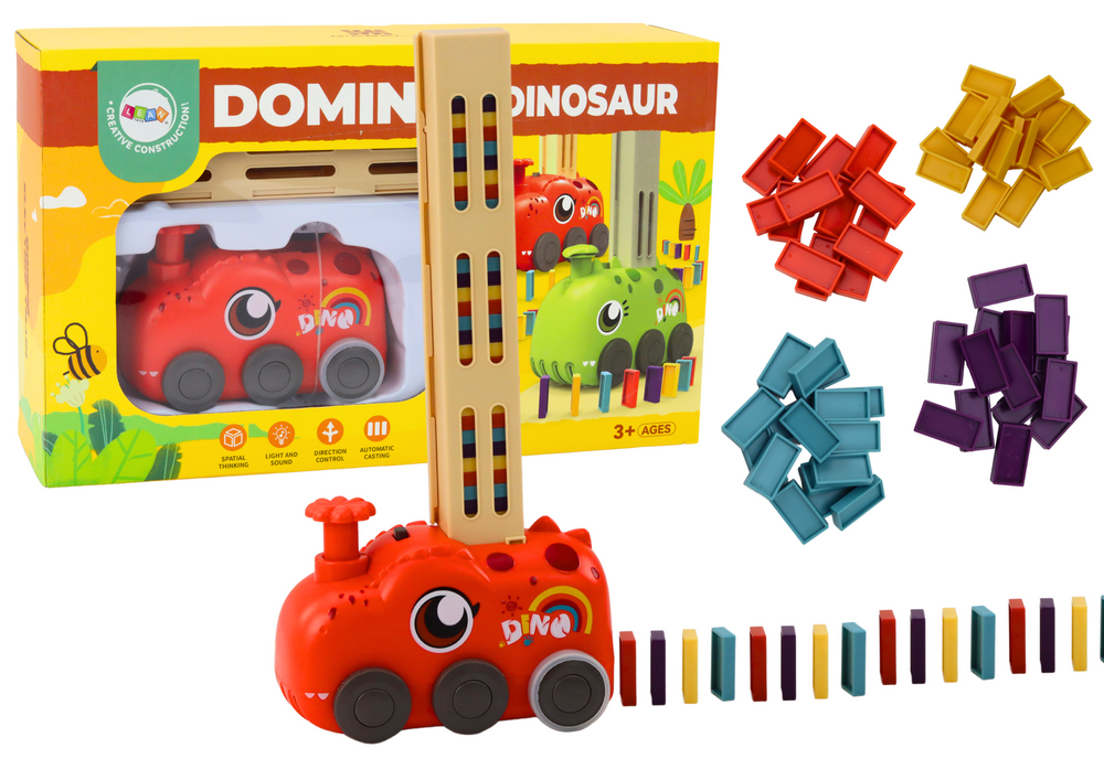 Autíčko dinosaurus na baterie s domino kostkami 4 barvy červené