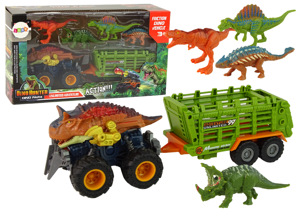 Autíčko s dinosaury a přívěsem – 4 figurky hnědé