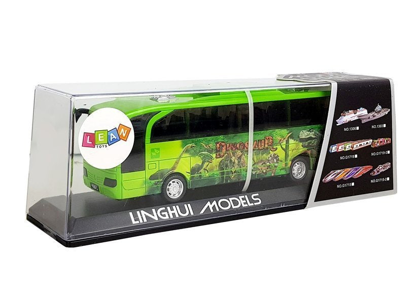 Autobus s dinosaury a zvukovými efekty na setrvačník zelený