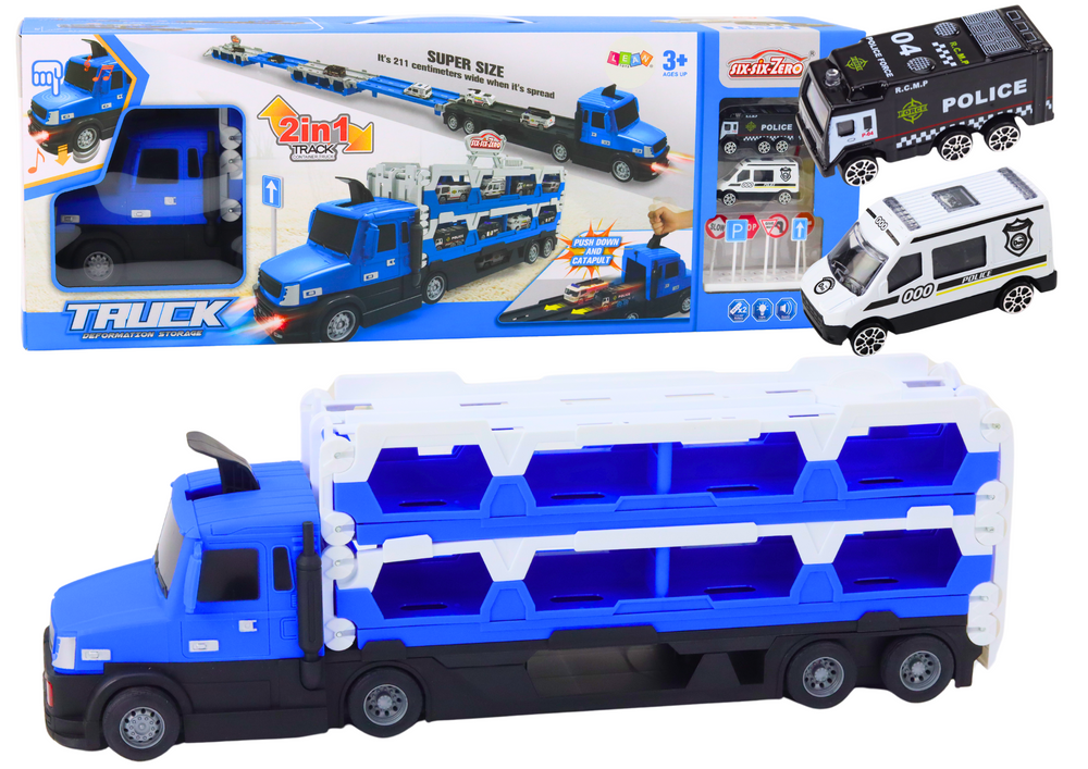 Autotransportér s dráhou 2v1 světla zvuky značky autíčka modrá