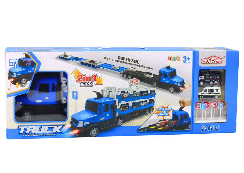 Autotransportér s dráhou 2v1 světla zvuky značky autíčka modrá