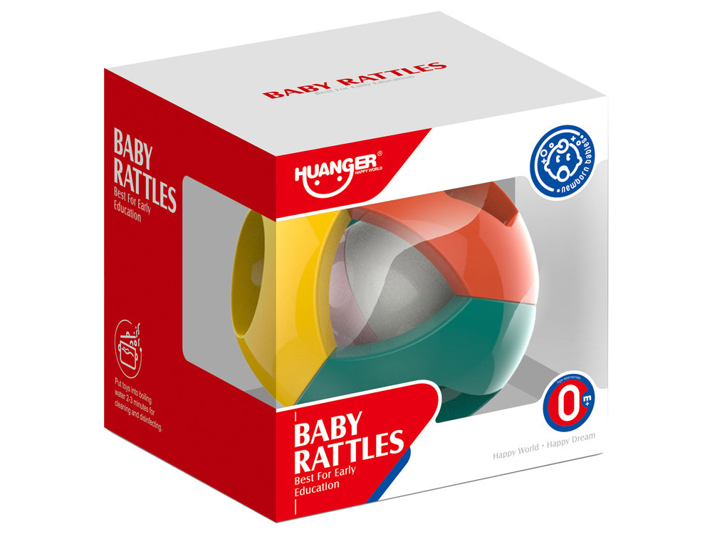 Barevná chrastítková koule – geometrické tvary pro miminka