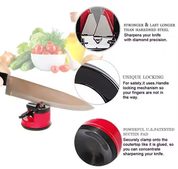 Brousek na nože a nůžky – s přísavkou a páčkou | červený