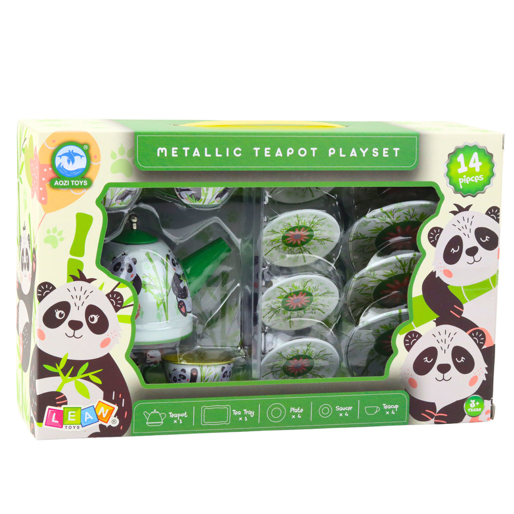 Čajová souprava kovová konvička šálky talířky panda 14 dílů zelená