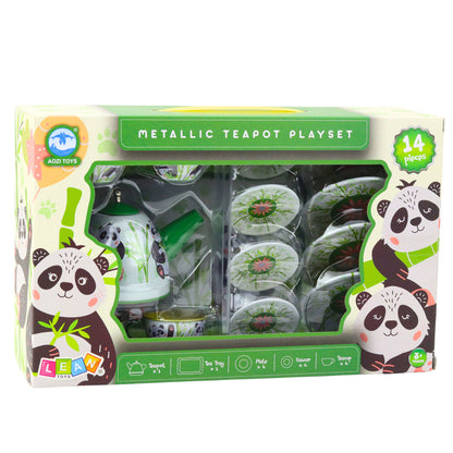 Čajová souprava kovová konvička šálky talířky panda 14 dílů zelená