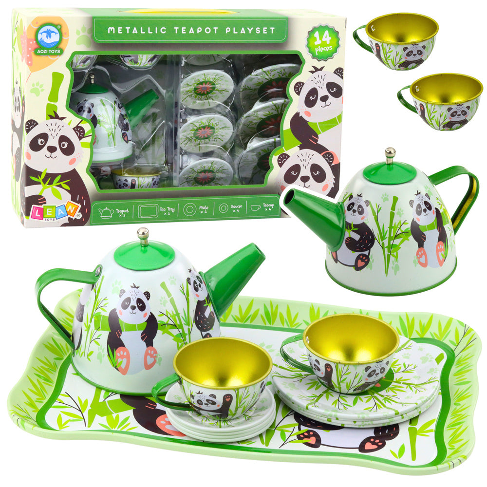 Čajová souprava kovová konvička šálky talířky panda 14 dílů zelená