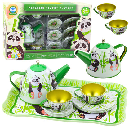 Čajová souprava kovová konvička šálky talířky panda 14 dílů zelená